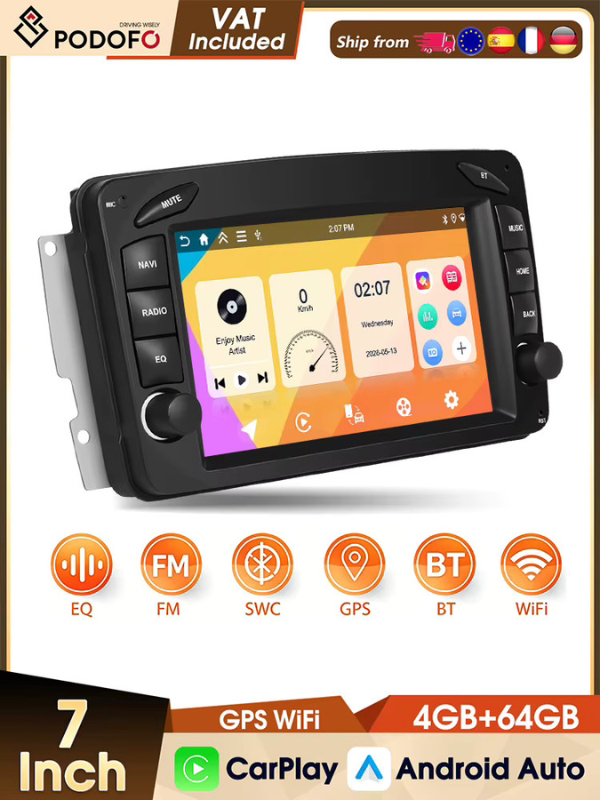 Podofo 2 DIN Autoradio mit 7 Zoll Display, GPS, WiFi, FM RDS und Mirror Link in Schwarz für Mercedes-Benz CLK (W209), E-Klasse (W210) und C-Klasse (W203) - Bild 6