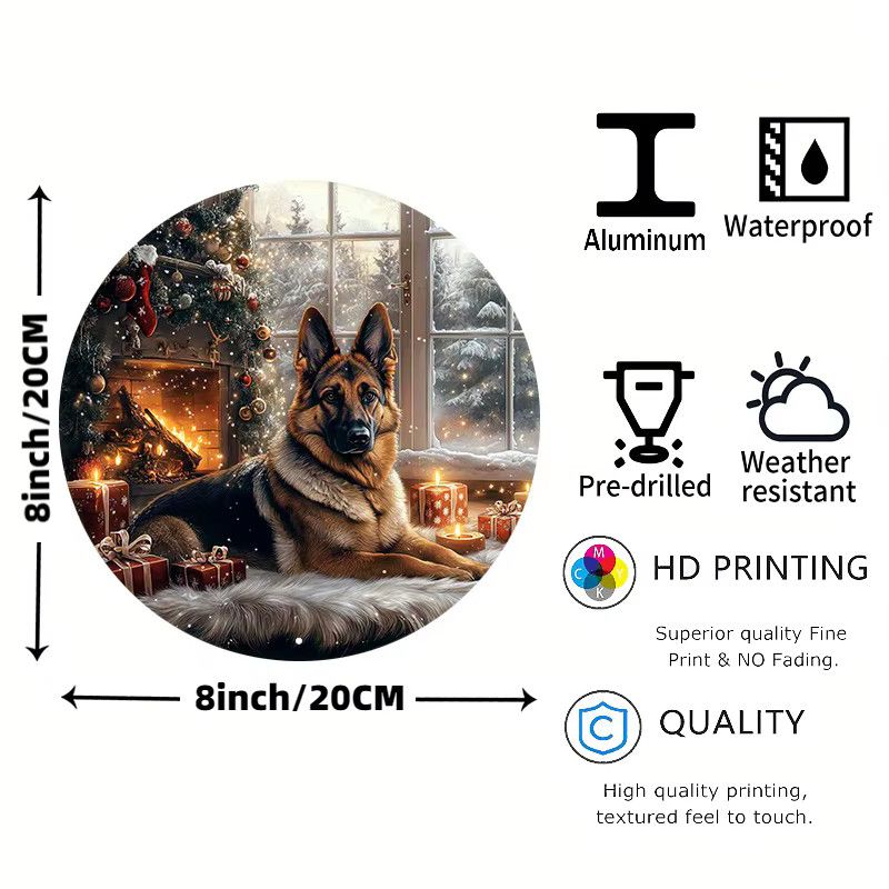 Potdemiel Vintage Wandkunst Aluminium mit Deutschem Schäferhund und Tannenzapfen-Kranz, rundes Metallschild, Durchmesser: 20,32 cm - Bild 2