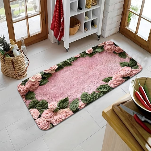 VIKAMA Teppich mit rosa Rosenmuster, rutschfest und wasserabsorbierend, B/T: 60 x 40 cm - Bild 1