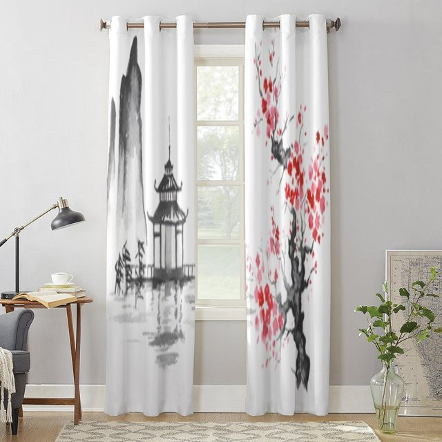 Binchi Japanische Malerei Vorhänge aus Polyester in Grau mit floralem Design, B/H: 135 x 60 cm - Bild 1