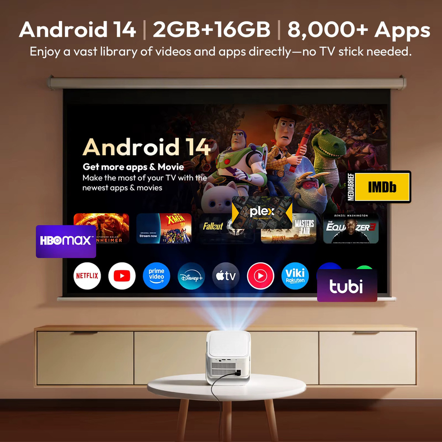 XGODY Smart Projektor mit Android 14.0, 900 ANSI, 8K/4K Unterstützung, Autofokus, Wifi6 und Bluetooth 5.4 in Weiß - Bild 5