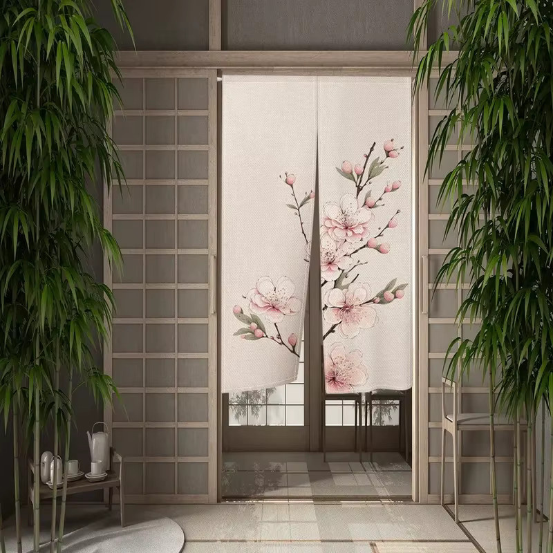 VIKAMA Noren-Vorhang Sakura in Pastellrosa, moderner japanischer Blumen-Sichtschutz mit Streifen, Breite: 70 cm, Höhe: 120 cm - Bild 1