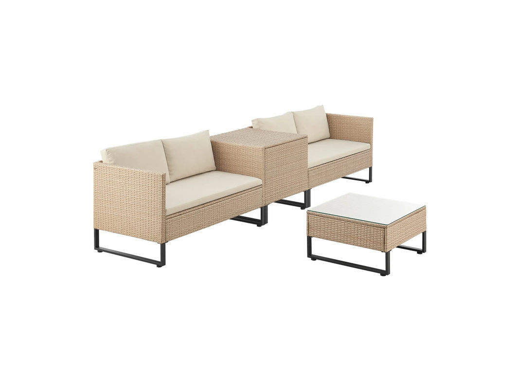 Juskys Polyrattan Lounge Santorini Outdoor Sitzecke in Creme Sand mit Beistelltisch aus gehärtetem Glas und Auflagenbox - Bild 3