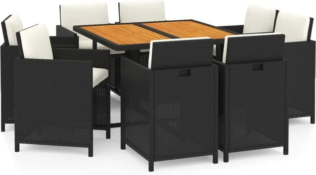 vidaXL 9-tlg Garten-Essgruppe aus Poly-Rattan und massivem Akazienholz mit Kissen, Schwarz - Bild 1