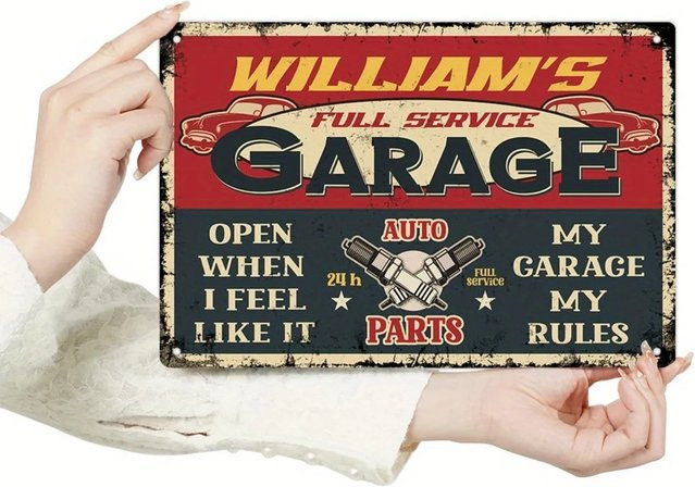 Personalisierbares Metallschild Hello Young My Garage My Rules in Weiß für Garage, Bar oder Männerhöhle - Bild 1