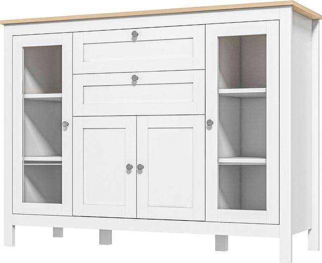 HOMCOM Buffet Esszimmer mit 2 Glastüren, 2 Schubladen und höhenverstellbaren Regalen, Naturholz und Weiß, B/T/H: 120 x 40 x 90 cm - Bild 1
