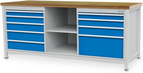 Bedrunka + Hirth Kastenwerkbank aus Stahlblech und Holz, grau/blau/mehrfarbig, B/H/T: 200 x 85,9 x 75 cm - Bild 1