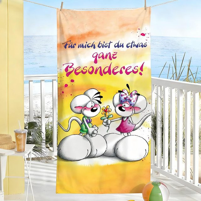 Diddl Handtuch aus Mikrofaser mit Cartoon-Motiv, schnelltrocknend, weiß/mehrfarbig, B: 137 cm, H: 178 cm - Bild 1