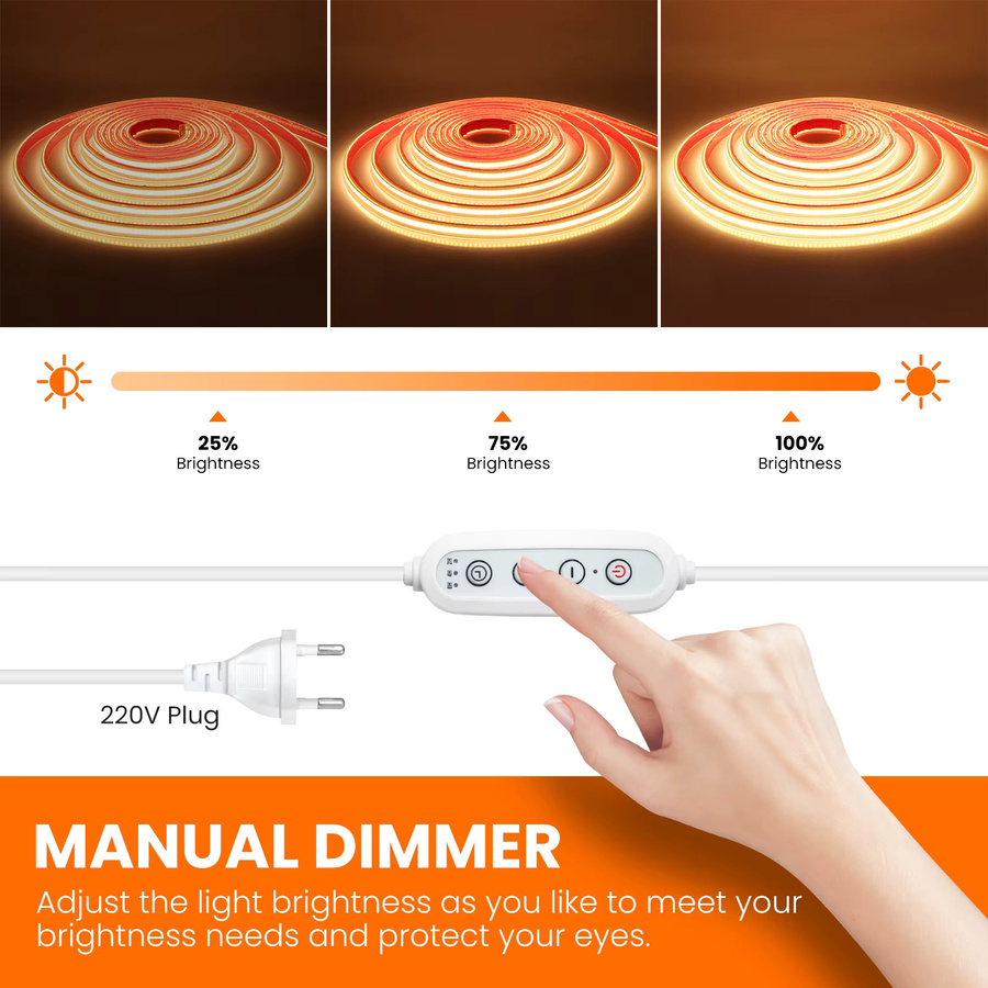 HAGAHA Dimmbares COB LED-Lichtband Set mit EU-Netzteil, Wasserdichtes Flexibles LED-Band mit 288 LEDs in Weiß, 220V-230V - Bild 2