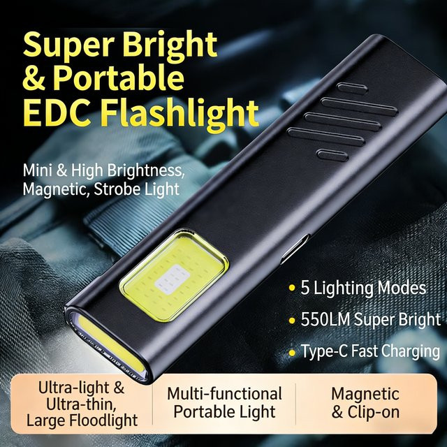 Heinast Mini COB LED Schlüsselanhänger-Taschenlampe in Schwarz, USB-C wiederaufladbare tragbare Arbeitsleuchte mit Stiftclip und Aufhängehaken - Bild 1