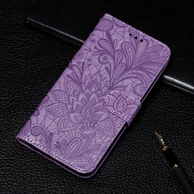Leder-Flip-Wallet-Hülle mit 3D-Spitze-Blumen-Prägung für Samsung Galaxy A20E, iPhone, Xiaomi Redmi Note, Huawei und Honor in Violett - Bild 1