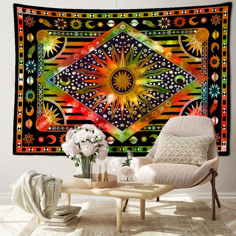 Wandbehang Binchi Outdoor Equipment Tarot Sonne im Bohemian Stil, abstraktes Design in Grün und Orange, Textil-Wanddekoration, B: 95 cm, H: 70 cm - Bild 2