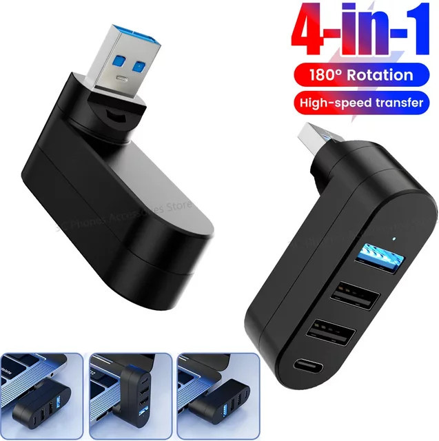 Maerknon Drehbarer USB-C Hub mit 4 Anschlüssen USB 3.0 und 2.0 für Laptop und MacBook in Schwarz und Orange - Bild 1