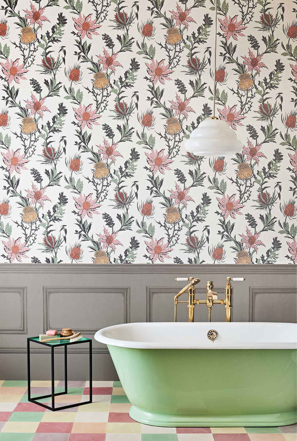 Cole & Son Tapete Thistle in Pink und Weiß mit floralem Botanik-Design, klassisch matt und Vliesqualität - Bild 1