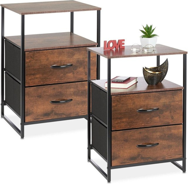 Relaxdays Nachttisch 2er Set im Industrial-Stil aus Metall und Buchenholz, Schwarz-Braun, Höhe: 70 cm, Breite: 45 cm, Tiefe: 42,5 cm - Bild 1