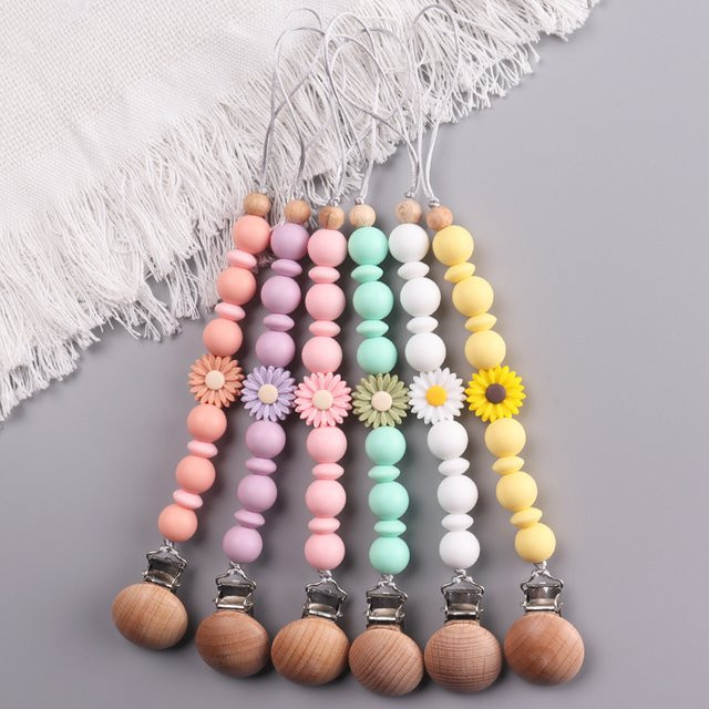 Handgemachte Baby Schnuller Kette aus Buche Holz und Silikon mit Daisy Perlen als Beißring und Zahnen Spielzeug in Natur, Rosa oder Bunt - Bild 1