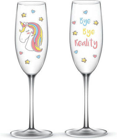 EinhornLiebe Sektgläser Set Bye Bye Reality, 2 transparente Proseccogläser aus Glas