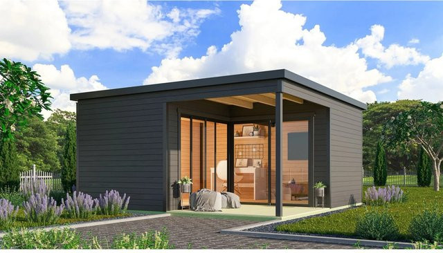Lasita Holz-Gartenhaus Domeo 6 Loggia mit Flachdach in Carbongrau, Blockbohlenbauweise, B/T: 500 x 500 cm - Bild 1
