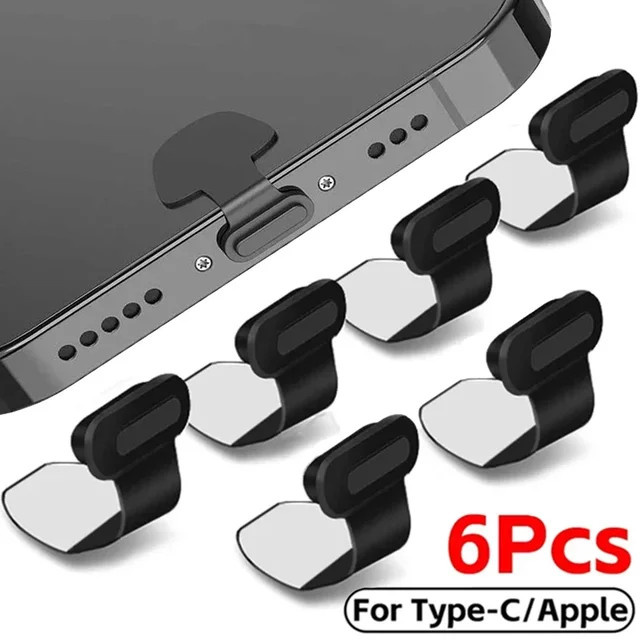 6er Set Silikon Staubschutz für Ladeports von iPhone und Samsung mit Lightning und Typ-C Anschluss in Schwarz - Bild 1