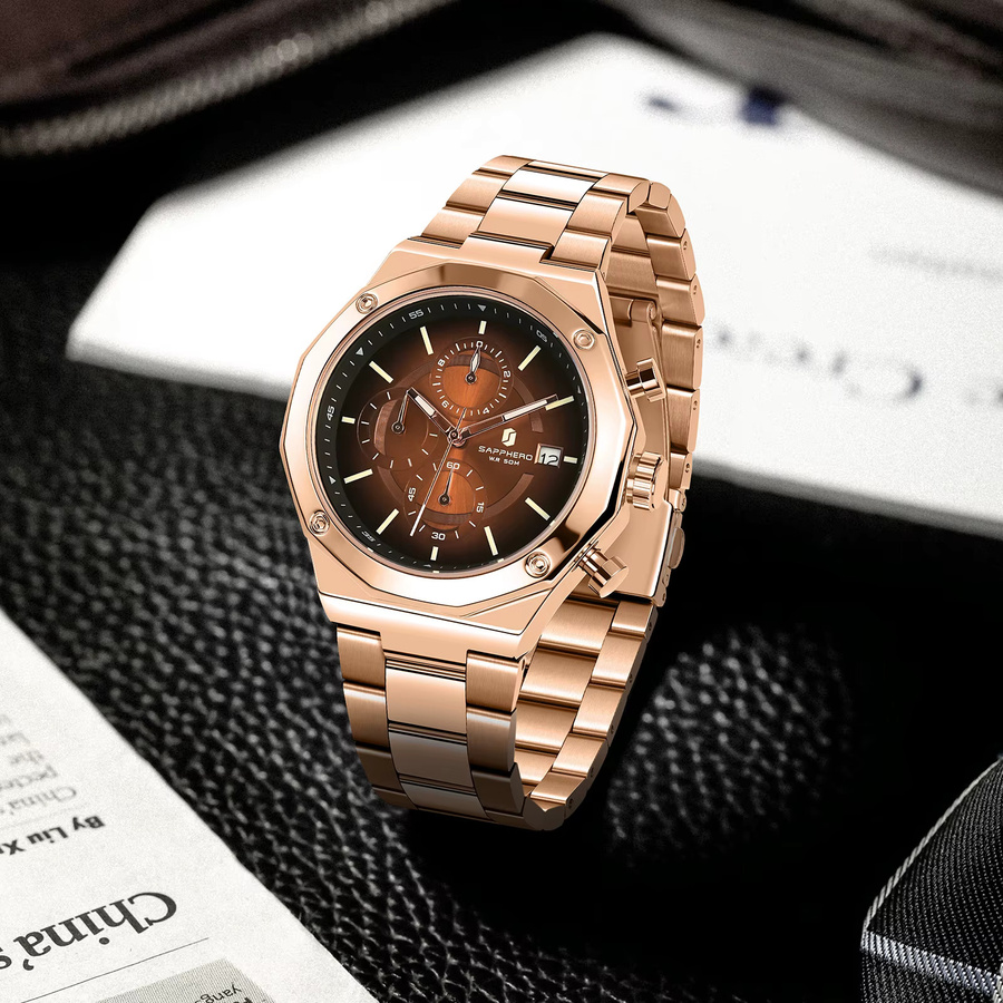 SAPHERO Chronograph, Quarz, Edelstahl, Schwarz, Roségold, Herren - Bild 2