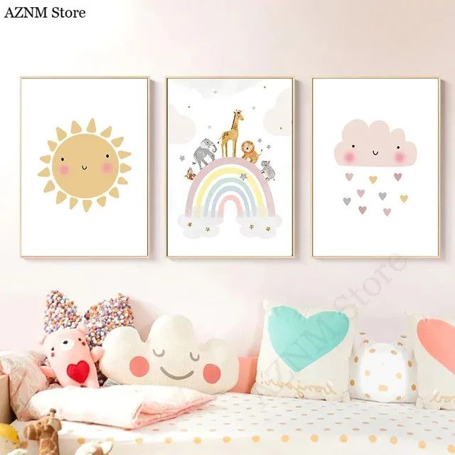 Potdemiel Wandkunst Leinwand für das Kinderzimmer mit Giraffe, Elefant, Heißluftballon, Sonne und Regenbogen in Multicolor im Nordic-Stil - Bild 1
