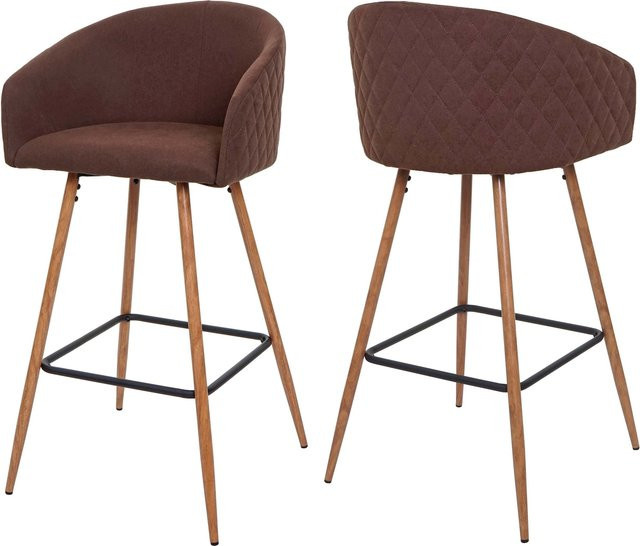 2er-Set MCW Barhocker D72 mit Lehne in Braun, Samtstoff mit Rautenmuster und Holzoptik im Retro-Design - Bild 1