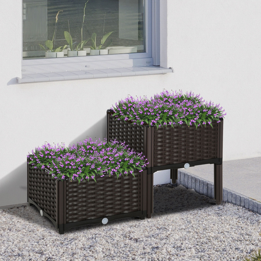 Outsunny Doppelter Pflanzkasten im Rattan-Look mit Abflusslöchern, Braun, B/T/H: 80 x 40 x 44 cm - Bild 2