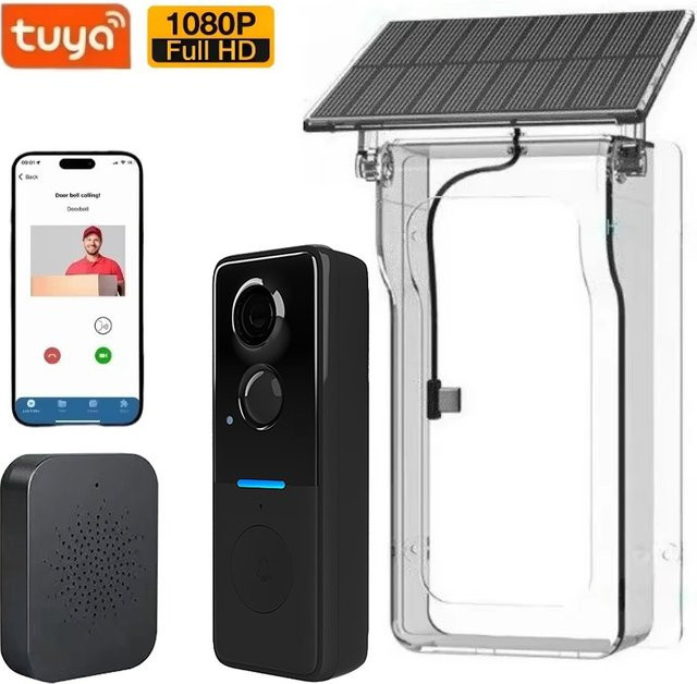 Tuya Solar Video Türklingel mit 1080P Kamera, WLAN, 2-Wege-Audio und Bewegungserkennung in Schwarz - Bild 1