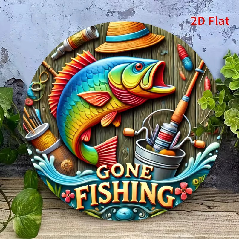 Potdemiel Rundes Metallschild Gone Fishing mit buntem Fisch- und Angelausrüstung Design, Durchmesser: 20 cm, Mehrfarbig - Bild 4