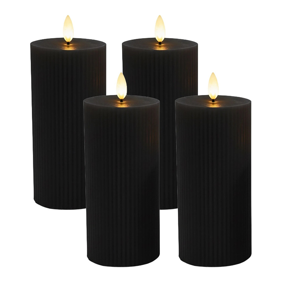 Relaxdays LED Echtwachs Stumpenkerzen 4er Set Schwarz mit Flackerndem Effekt und Rillen-Design, Höhe: 18 cm - Bild 2