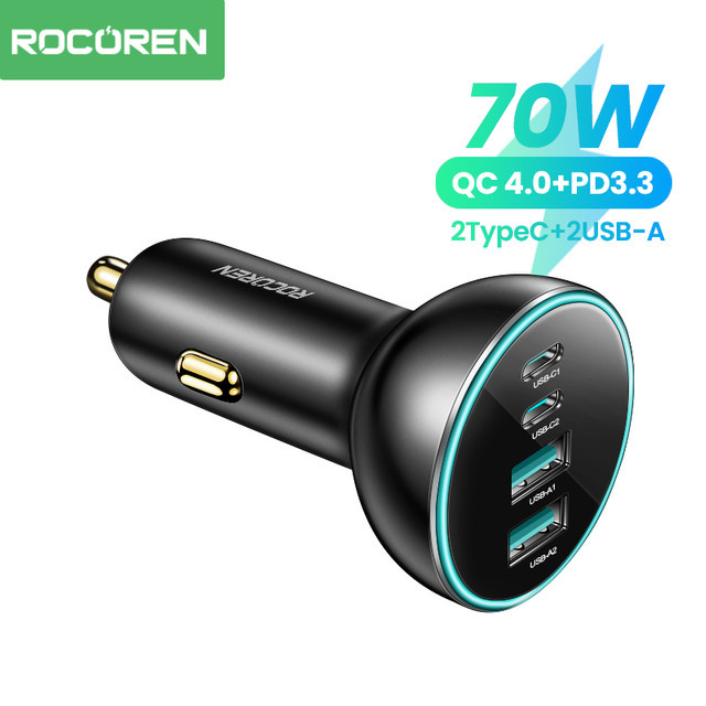 Rocoren 4-in-1 Autoladegerät 70 W mit USB Typ C, QC4.0 und PD3.0 Schnellladeadapter in Schwarz - Bild 1