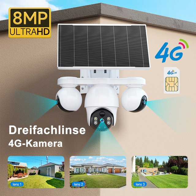 V380 Pro 4G LTE Solar Überwachungskamera für den Außenbereich mit 8MP Dreifach-Objektiv, PTZ und Auto-Tracking, Weiß - Bild 1