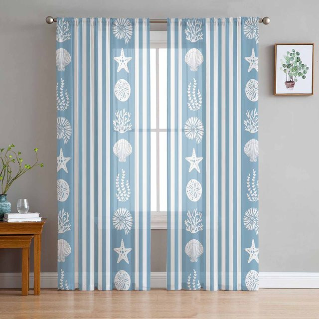 Transparente Tüll-Vorhänge mit Ozean-Motiv in Blau, Breite: 135 cm, Höhe: 274 cm - Bild 1