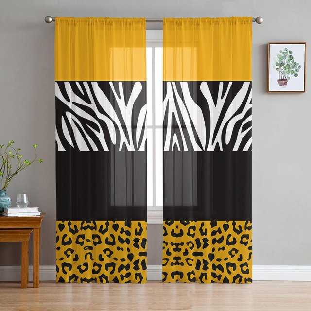 Transparente Vorhänge mit gelbem Leopard- und Zebra-Streifenmuster aus Organza-Tüll für dein Wohnzimmer oder deine Küche, Farbe: Gelb/Transparent, B: 135 cm, H: 160 cm - Bild 1