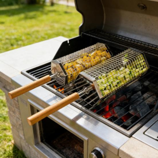 VividHive Edelstahl-Roll-Grillkorb mit Holzgriff in Silber, drehbarer Grillkäfig für Camping und Picknick - Bild 4