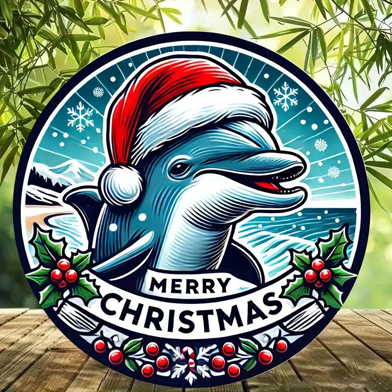 Potdemiel Rundes Aluminiumschild Merry Christmas mit Delphin Design Vintage Wanddekoration Durchmesser: 20,32 cm - Bild 3