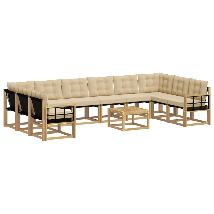 vidaXL Outdoor-Sofagarnitur in L-Form aus massivem Akazienholz mit 11 Textilene-Kissen in Weiß und Beige - Bild 2