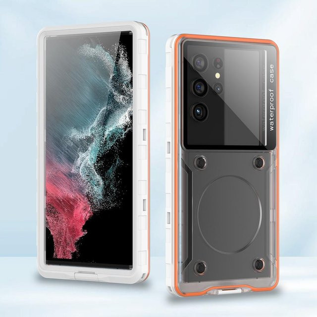 Weft Universal Wasserdichte Handyhülle Stoßfeste Tieftauch-Abdeckung für Smartphones bis 6,9 Zoll in Transparent/Weiß - Bild 1