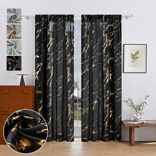 YIHEIM Luxus-Vorhang Set mit Marmormuster und Goldfolie in Schwarz und Gold, 2 Stück, Stangentaschen, Breite: 100 cm, Höhe: 130 cm - Bild 1
