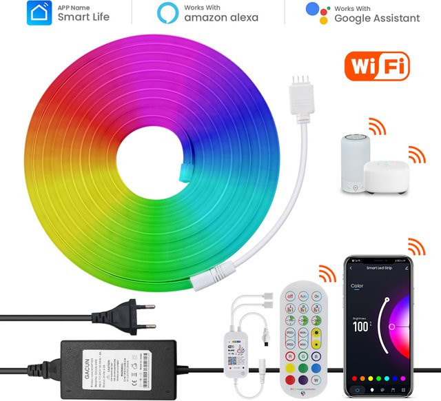 XUNATA RGB Neon LED Streifen mit Wifi Fernbedienung, Wasserdicht, kompatibel mit Tuya und Smart Life für deine Home Neon Dekor Beleuchtung (12V 24V) - Bild 1