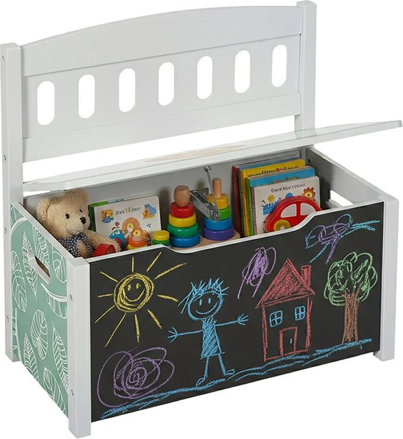 Relaxdays Kinderbank aus MDF mit Stauraum und Tafel in Bunt mit Löwenmotiv, B/T/H: 55,5 x 57 x 30 cm - Bild 1