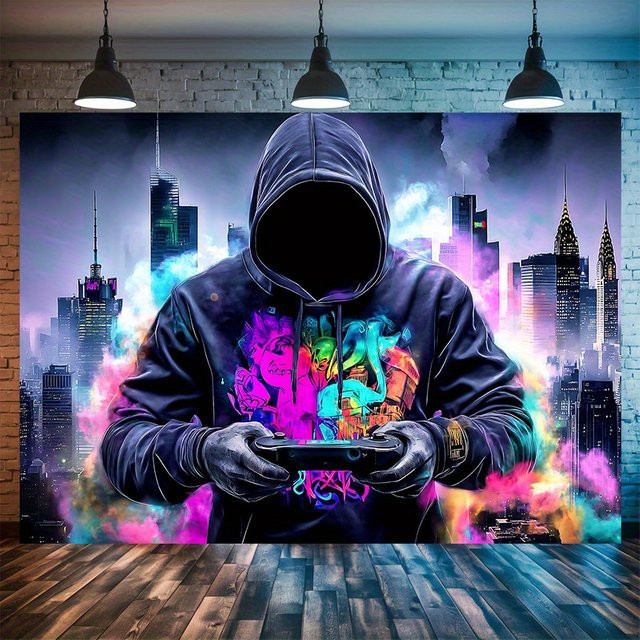 VIKAMA Wandtapisserie Esports Neon Game Controller City Skyline Design, Mehrfarbig, B/H: 60 x 40 cm - Bild 1