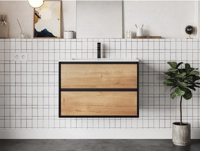 Einzelwaschtisch Lannick von Vente-unique in Schwarz und Naturfarben Hell, Breite: 80 cm - Bild 1