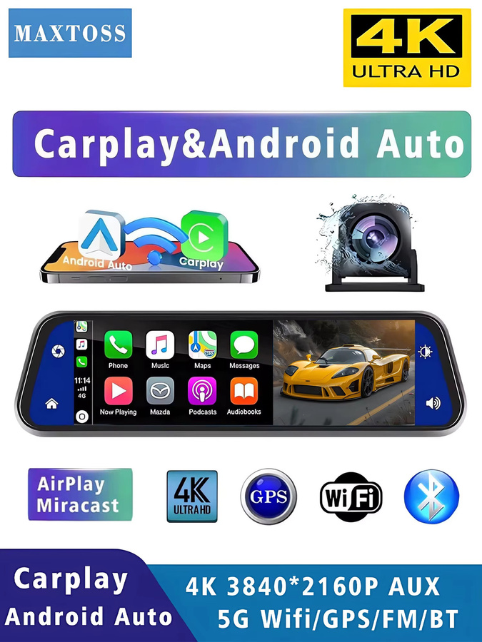 Maxtoss 10 Zoll 4K Dashcam Rückspiegelkamera mit Android Auto, Apple CarPlay, GPS, WLAN und Bluetooth in Schwarz - Bild 7