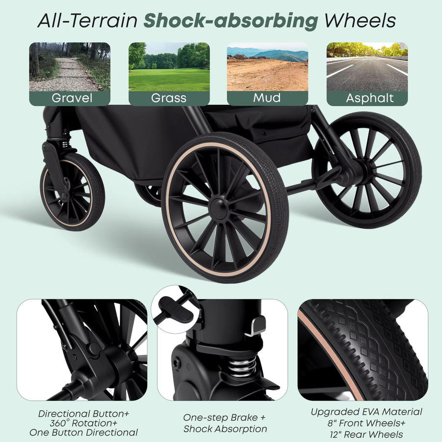 BabyVoyage 2-in-1 Kombi-Kinderwagen mit zwei-Wege-Sitz und faltbarer Funktion in Schwarz und Grün - Bild 6