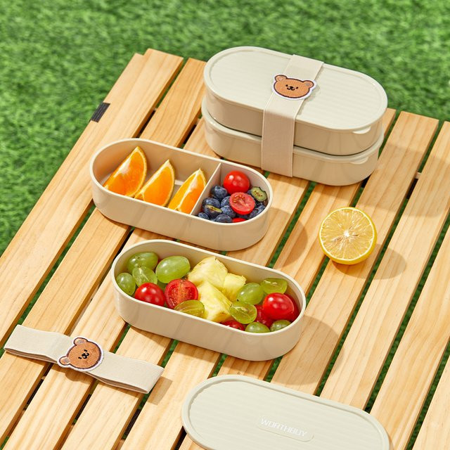 WORTHBUY Kunststoff Lunchbox mit Doppelschicht, beige, mikrowellengeeignet, Bento Box für Camping und Picknick - Bild 1
