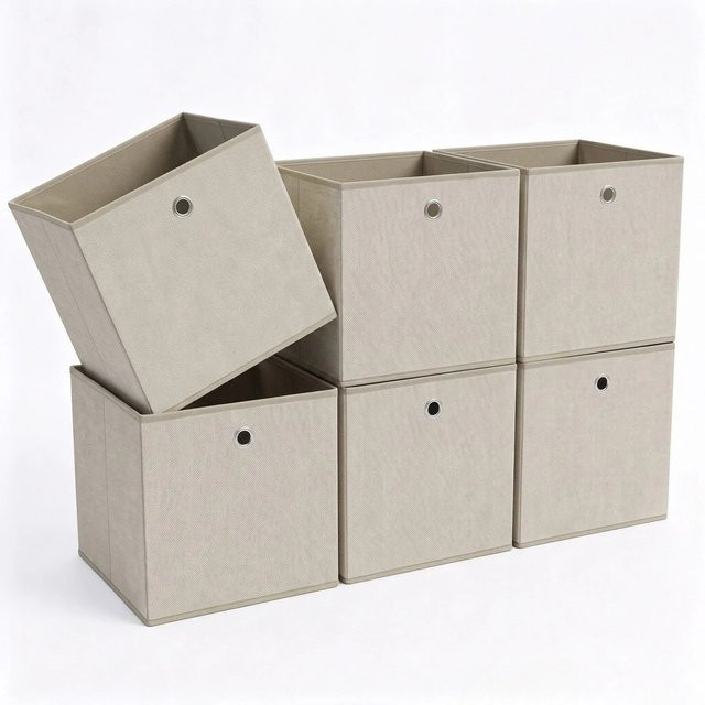 Sekey Aufbewahrungsboxen 6er Set aus Vliesstoff in Beige, faltbare Ordnungsboxen mit Griffen, B/T/H: 33 x 33 x 33 cm - Bild 1