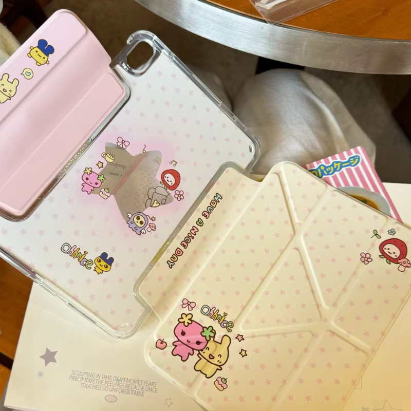 Tamagotchi Schutzhülle für Apple iPad Pro in Rosa mit niedlicher Illustration und faltbarem Design - Bild 2
