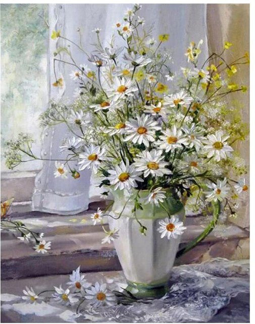 FIYO Diamant-Malerei Gänseblümchen Blumen Mosaik Bild in Grau und Weiß, B: 30 cm, H: 20 cm - Bild 1