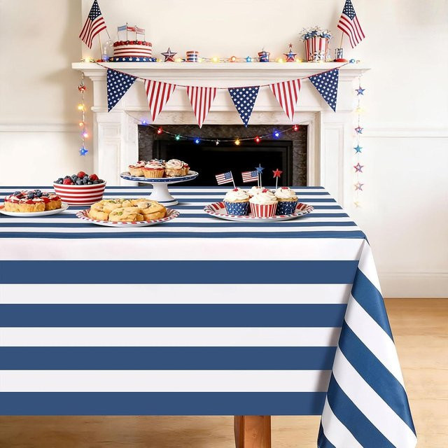 JINGYUE Pet Tischdecke gestreift in Marineblau und Beige, rechteckig, wasserabweisend und waschbar, B/T: 140 x 90 cm - Bild 1